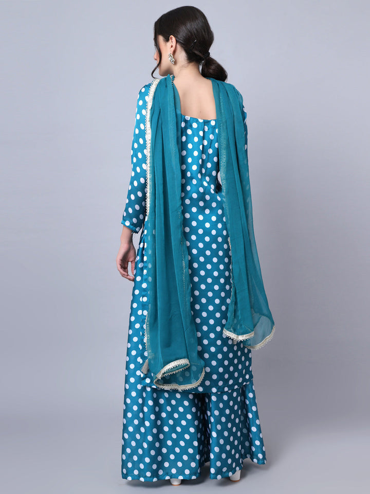 anokherang Combos Peppy Blue Polka Kurti with Gathered Palazzo and Dupatta