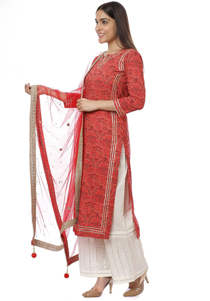 anokherang Combos Pinckled Red Gota Kurti with Gota Palazzos and Stone Net Dupatta