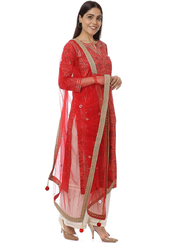 anokherang Combos Pinckled Red Gota Kurti with Gota Palazzos and Stone Net Dupatta