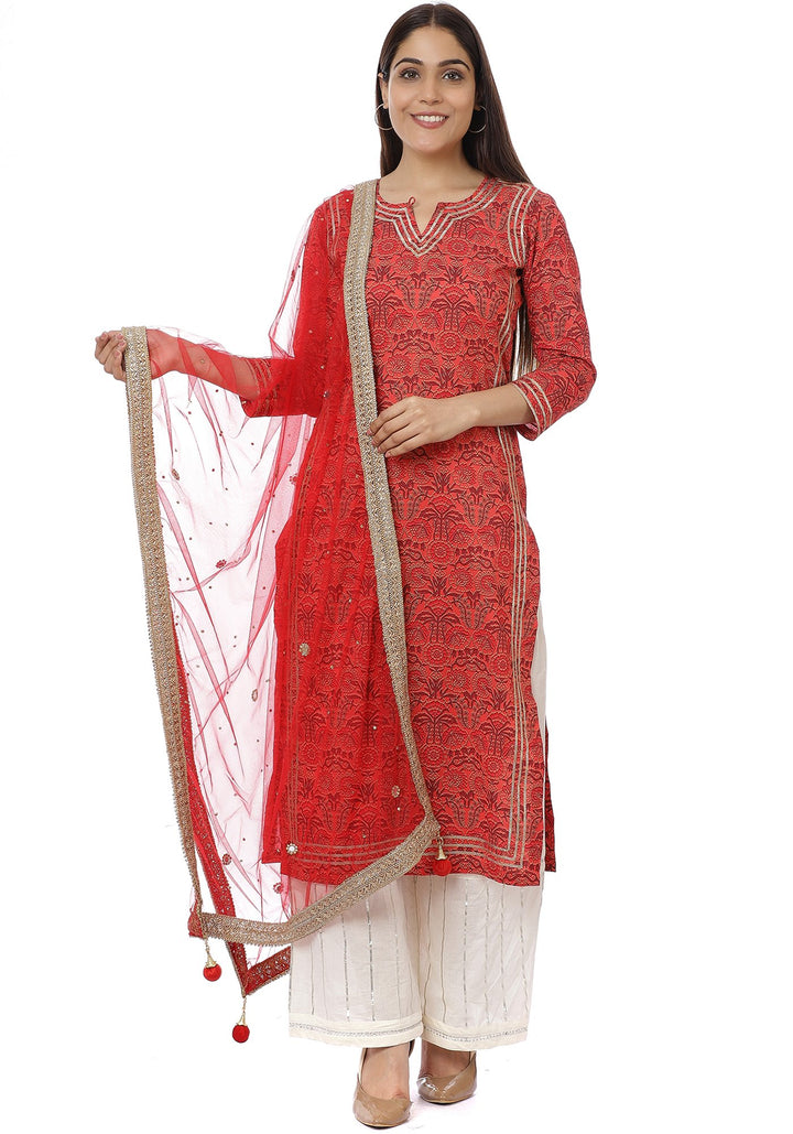 anokherang Combos Pinckled Red Gota Kurti with Gota Palazzos and Stone Net Dupatta