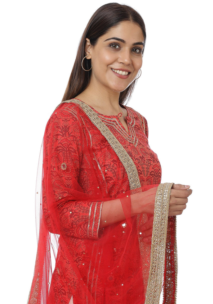 anokherang Combos Pinckled Red Gota Kurti with Gota Palazzos and Stone Net Dupatta