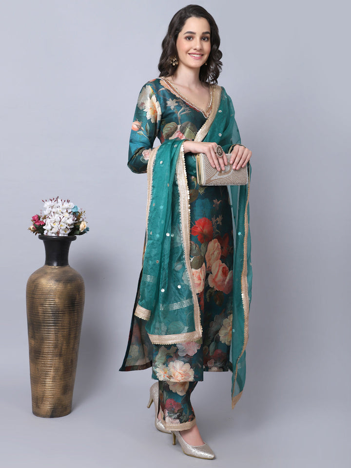 anokherang Combos Pine Green Floral Printed Silk Kurti with Straight Pants and Dupatta