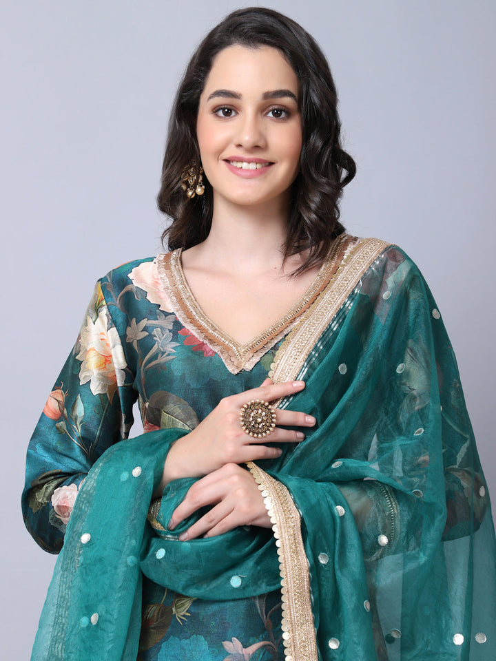 anokherang Combos Pine Green Floral Printed Silk Kurti with Straight Pants and Dupatta