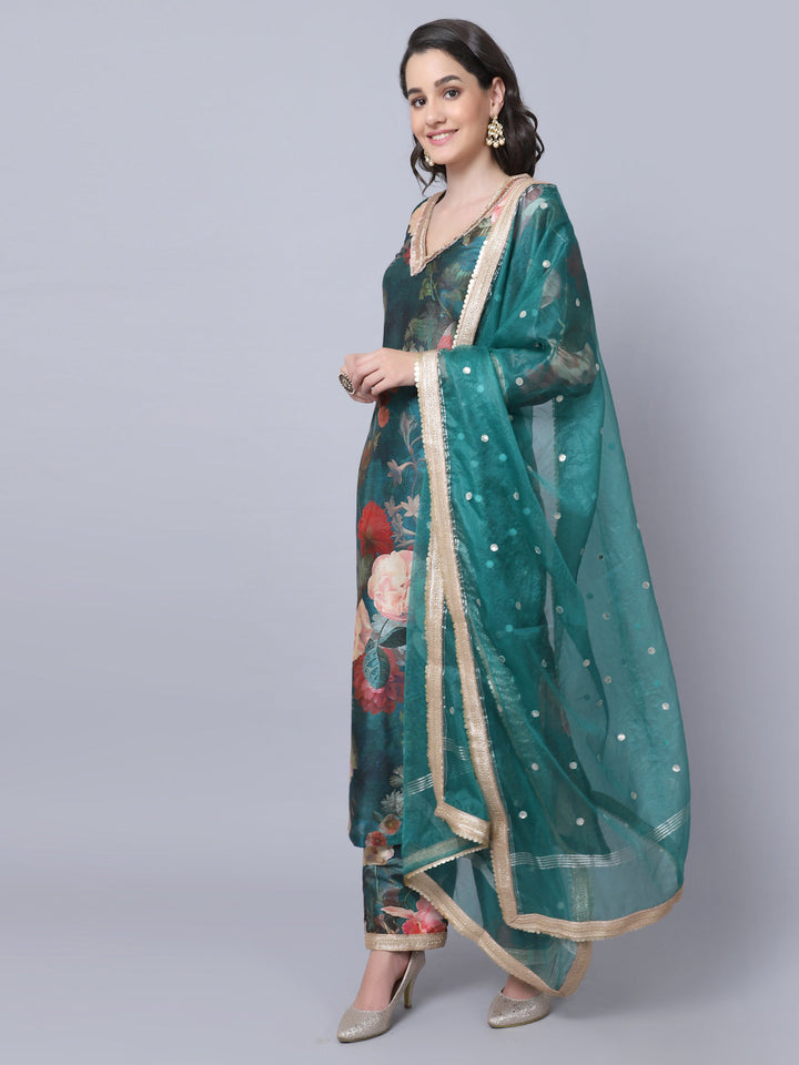 anokherang Combos Pine Green Floral Printed Silk Kurti with Straight Pants and Dupatta