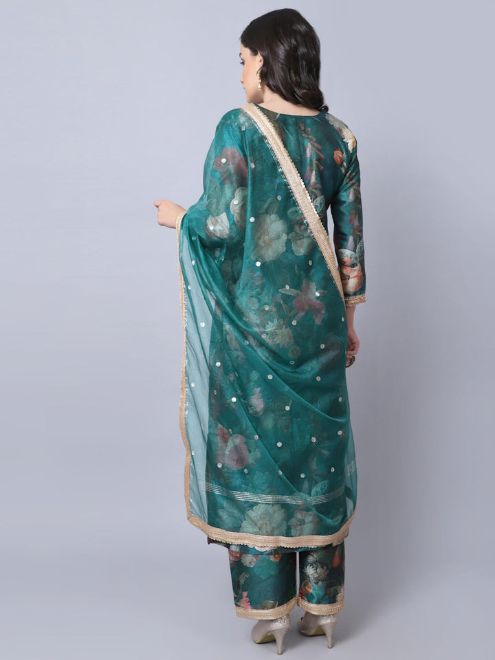 anokherang Combos Pine Green Floral Printed Silk Kurti with Straight Pants and Dupatta