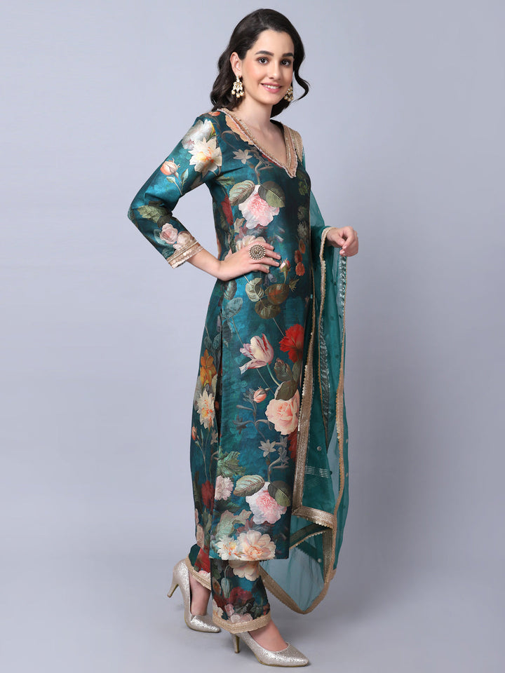 anokherang Combos Pine Green Floral Printed Silk Kurti with Straight Pants and Dupatta
