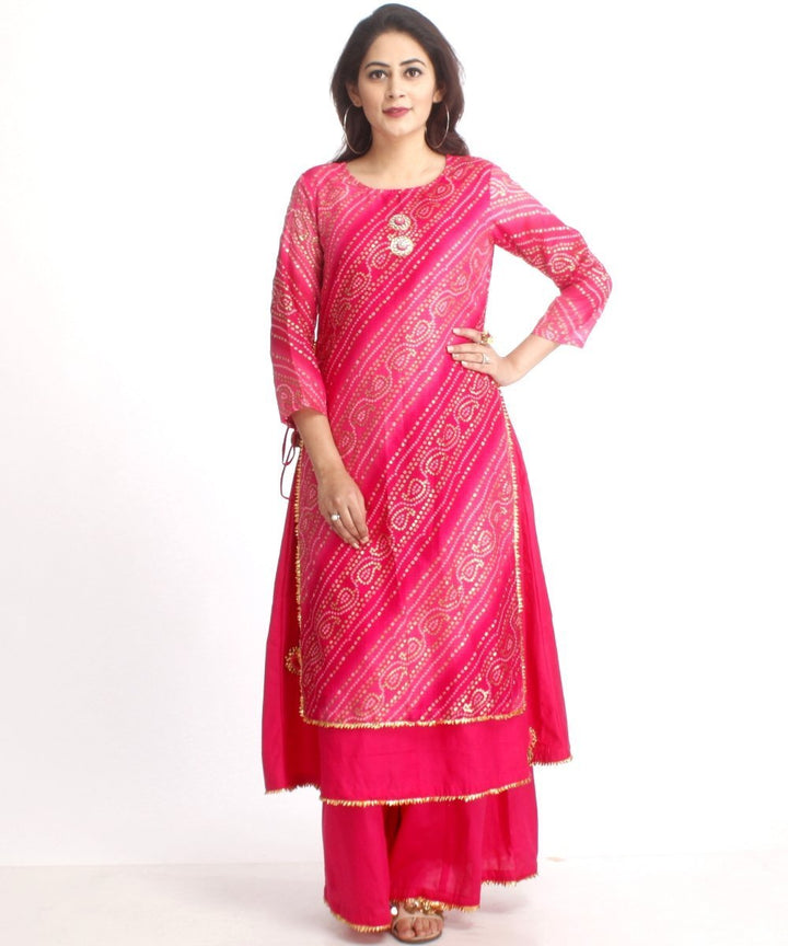 anokherang Combos Pink Bandhini Double Layered Kurti with Kalidaar Palazzos