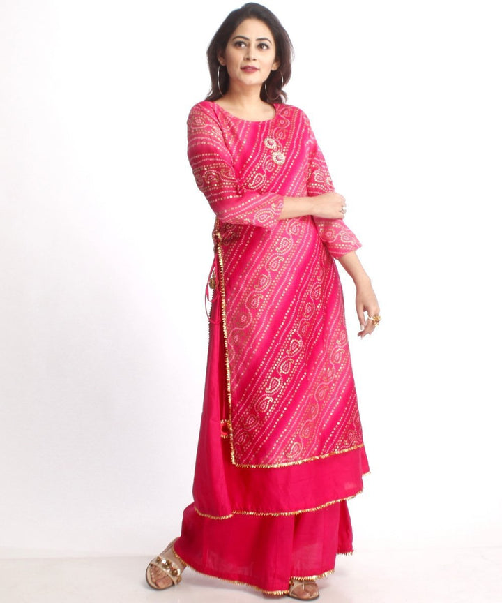 anokherang Combos Pink Bandhini Double Layered Kurti with Kalidaar Palazzos