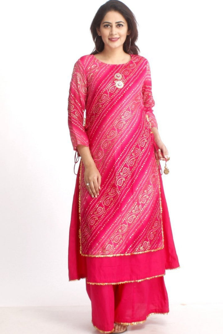 anokherang Combos Pink Bandhini Double Layered Kurti with Kalidaar Palazzos