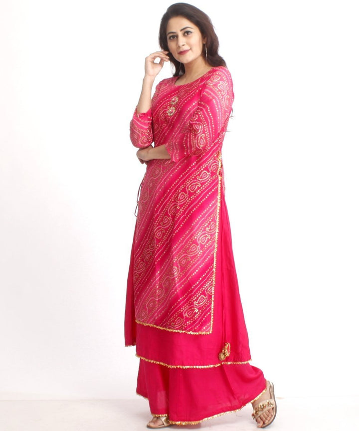 anokherang Combos Pink Bandhini Double Layered Kurti with Kalidaar Palazzos and Shaded Organza Embroidered Dupatta