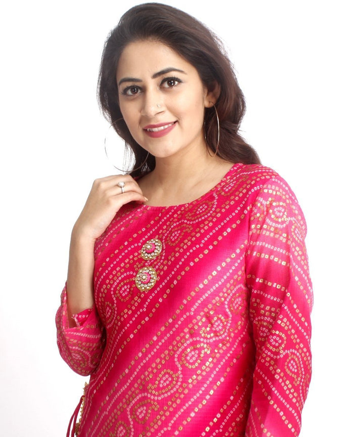 anokherang Combos Pink Bandhini Double Layered Kurti with Kalidaar Palazzos and Shaded Organza Embroidered Dupatta
