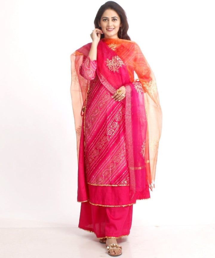 anokherang Combos Pink Bandhini Double Layered Kurti with Kalidaar Palazzos and Shaded Organza Embroidered Dupatta