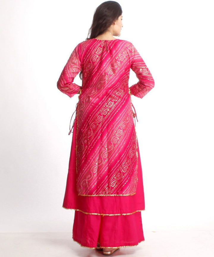 anokherang Combos Pink Bandhini Double Layered Kurti with Kalidaar Palazzos and Shaded Organza Embroidered Dupatta