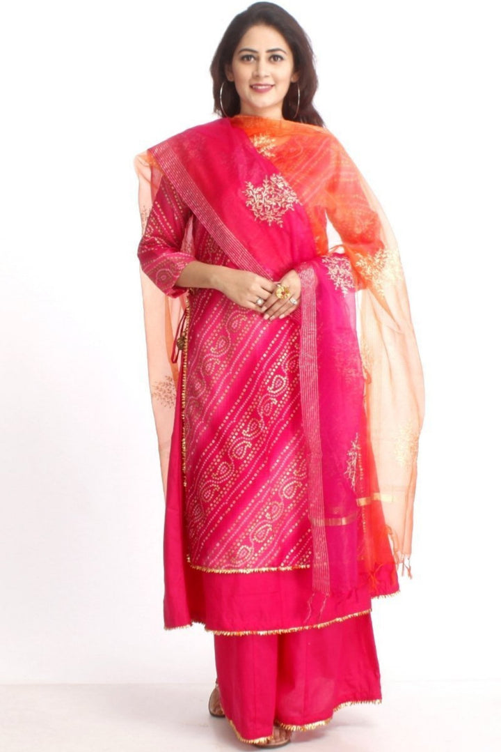 anokherang Combos Pink Bandhini Double Layered Kurti with Kalidaar Palazzos and Shaded Organza Embroidered Dupatta
