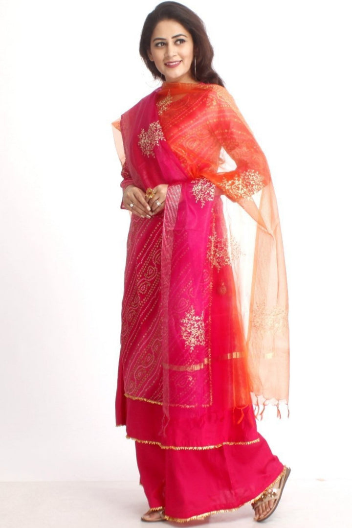 anokherang Combos Pink Bandhini Double Layered Kurti with Kalidaar Palazzos and Shaded Organza Embroidered Dupatta