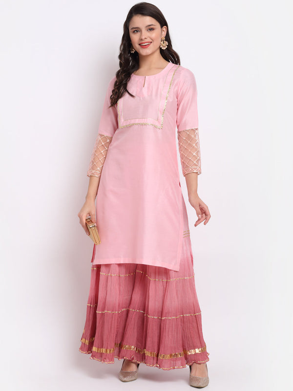 anokherang Combos Pink Blossom Short Kurti with Shaded Sharara