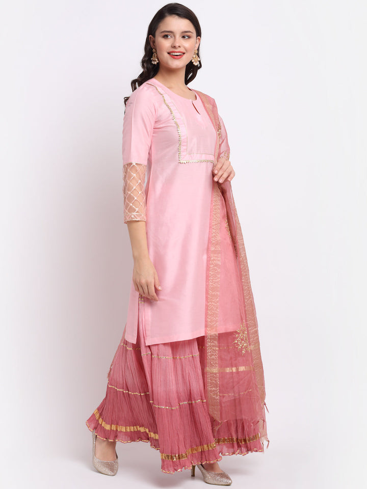 anokherang Combos Pink Blossom Short Kurti with Shaded Sharara and Organza Dupatta