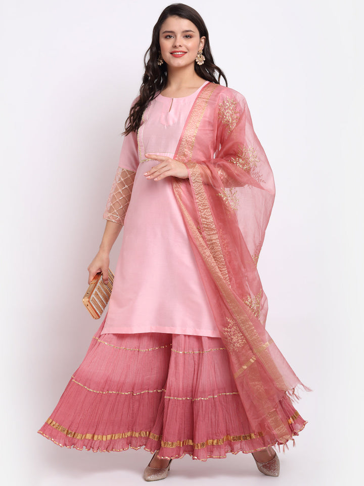 anokherang Combos Pink Blossom Short Kurti with Shaded Sharara and Organza Dupatta