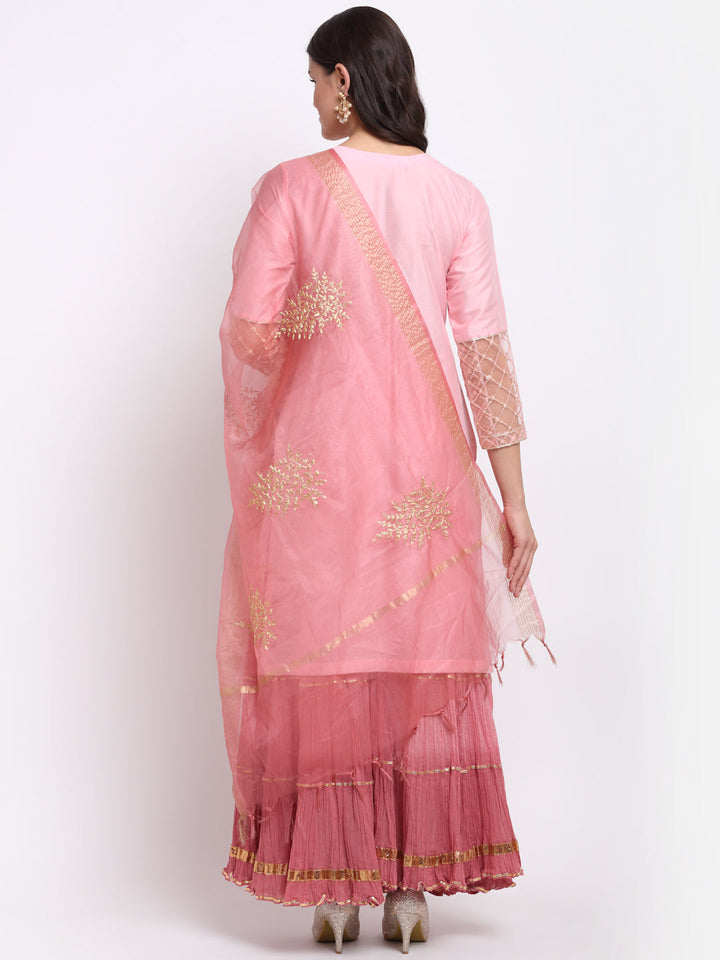 anokherang Combos Pink Blossom Short Kurti with Shaded Sharara and Organza Dupatta