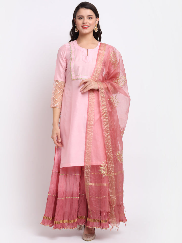 anokherang Combos Pink Blossom Short Kurti with Shaded Sharara and Organza Dupatta