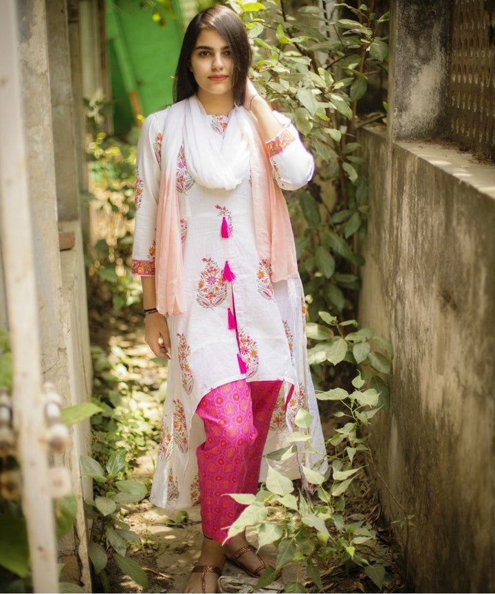 anokherang Combos Pink Bouquet Uneven Kurti with Straight Pants