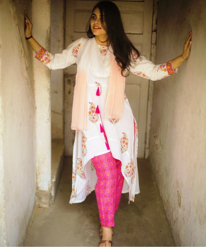 anokherang Combos Pink Bouquet Uneven Kurti with Straight Pants