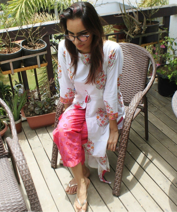 anokherang Combos Pink Bouquet Uneven Kurti with Straight Pants