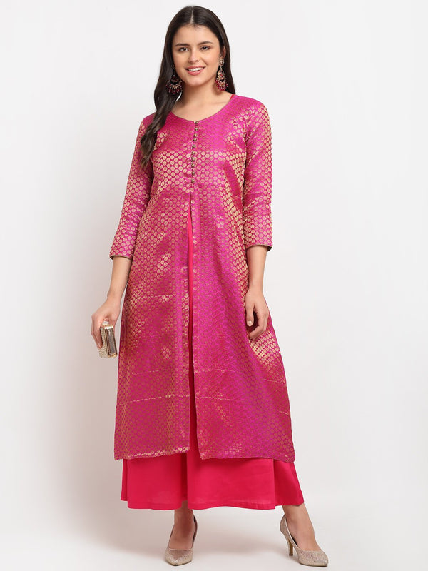 anokherang Combos Pink Brocade Double Layered Jacket Style Kurti