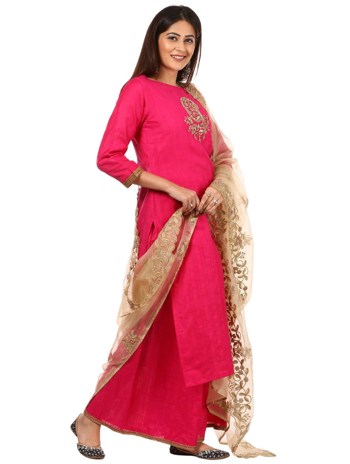 anokherang Combos Pink Embroidered Kurti with Kalidaar Palazzo and Gold Thread and Pearl Embroidered Dupatta