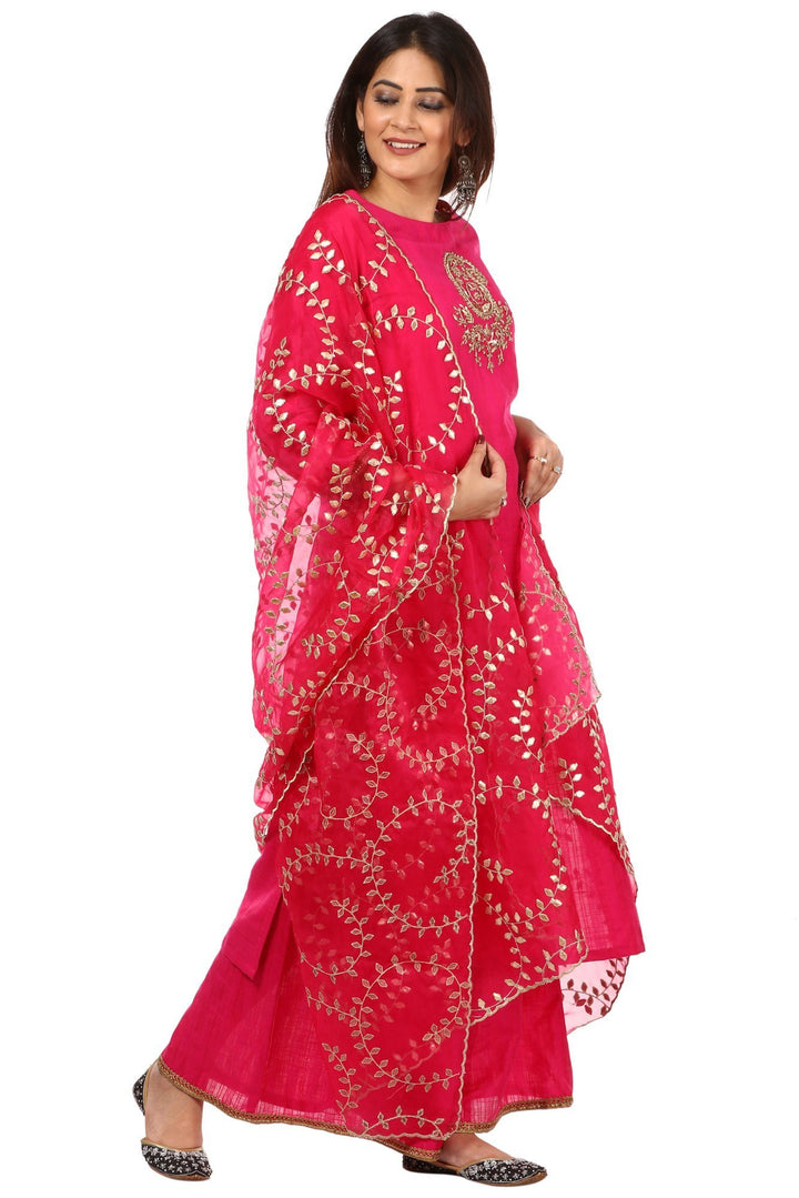 anokherang Combos Pink Embroidered Kurti with Kalidaar Palazzo and Magenta Gotta Patti Leaf Organza Dupatta