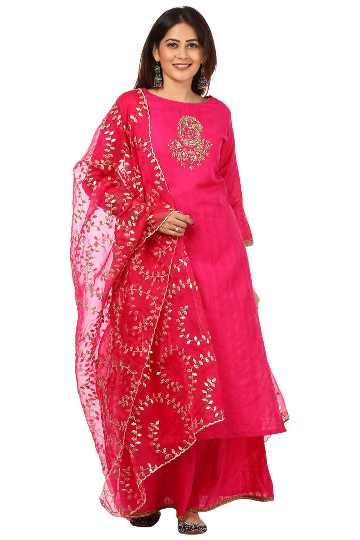 anokherang Combos Pink Embroidered Kurti with Kalidaar Palazzo and Magenta Gotta Patti Leaf Organza Dupatta