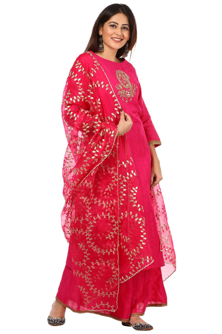 anokherang Combos Pink Embroidered Kurti with Kalidaar Palazzo and Magenta Gotta Patti Leaf Organza Dupatta