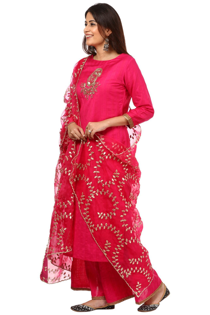anokherang Combos Pink Embroidered Kurti with Kalidaar Palazzo and Magenta Gotta Patti Leaf Organza Dupatta