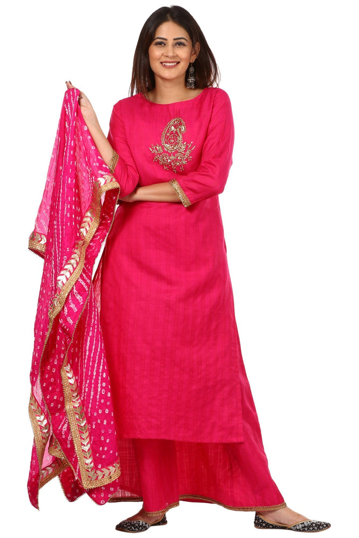 anokherang Combos Pink Embroidered Kurti with Kalidaar Palazzo and Pink Bandhni Dupatta