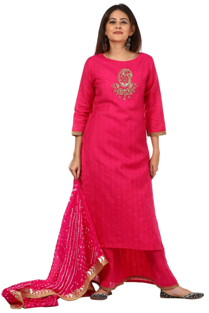 anokherang Combos Pink Embroidered Kurti with Kalidaar Palazzo and Pink Bandhni Dupatta