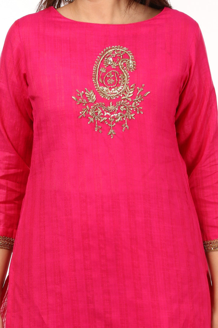 anokherang Combos Pink Embroidered Kurti with Kalidaar Palazzo and Yellow Bandhni Dupatta