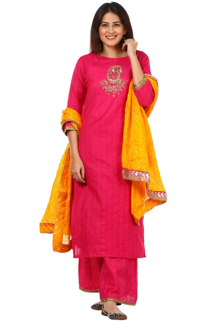 anokherang Combos Pink Embroidered Kurti with Kalidaar Palazzo and Yellow Bandhni Dupatta