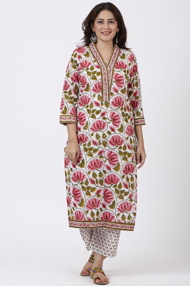 anokherang Combos Pink Floral Hues Straight Kurti with Straight Pants