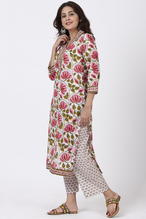 anokherang Combos Pink Floral Hues Straight Kurti with Straight Pants