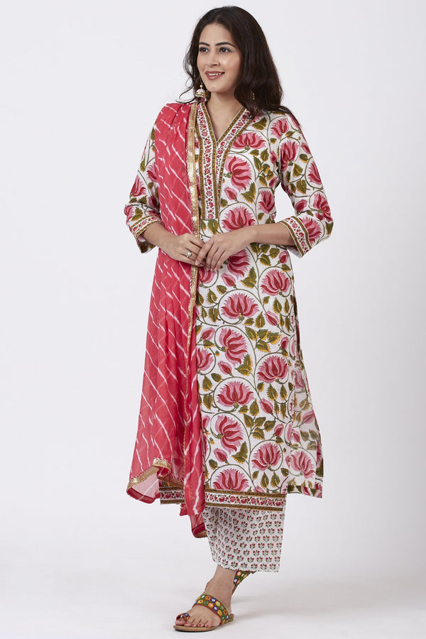 anokherang Combos Pink Floral Hues Straight Kurti with Straight Pants and Leheriya Dupatta