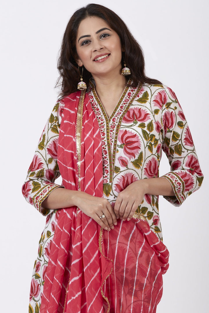 anokherang Combos Pink Floral Hues Straight Kurti with Straight Pants and Leheriya Dupatta
