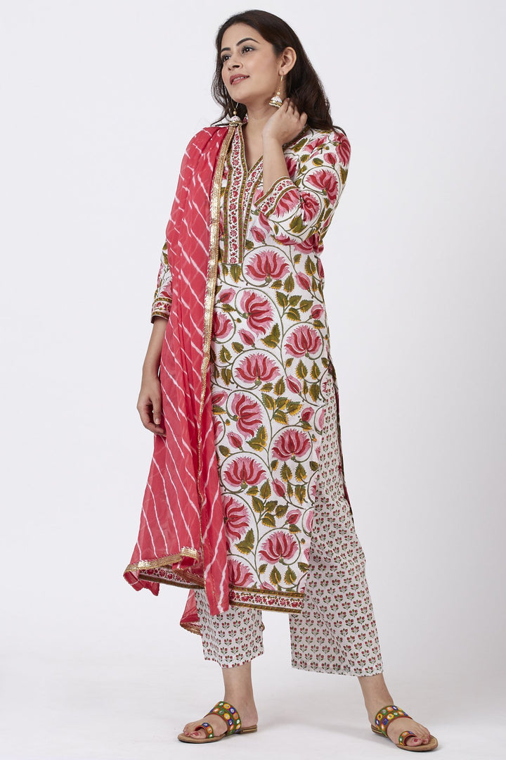 anokherang Combos Pink Floral Hues Straight Kurti with Straight Pants and Leheriya Dupatta