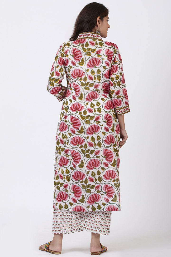 anokherang Combos Pink Floral Hues Straight Kurti with Straight Pants and Leheriya Dupatta