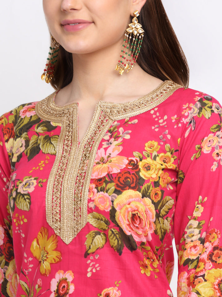 anokherang Combos Pink Floral Kurti with Straight Palazzo and Foil Dupatta