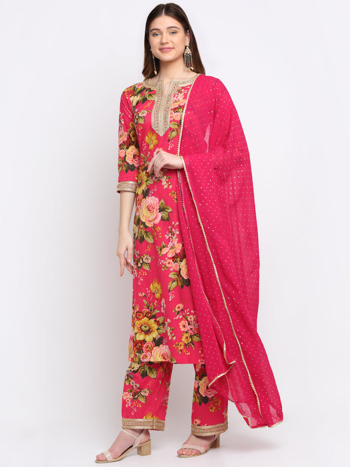 anokherang Combos Pink Floral Kurti with Straight Palazzo and Foil Dupatta