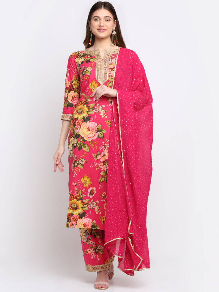 anokherang Combos Pink Floral Kurti with Straight Palazzo and Foil Dupatta