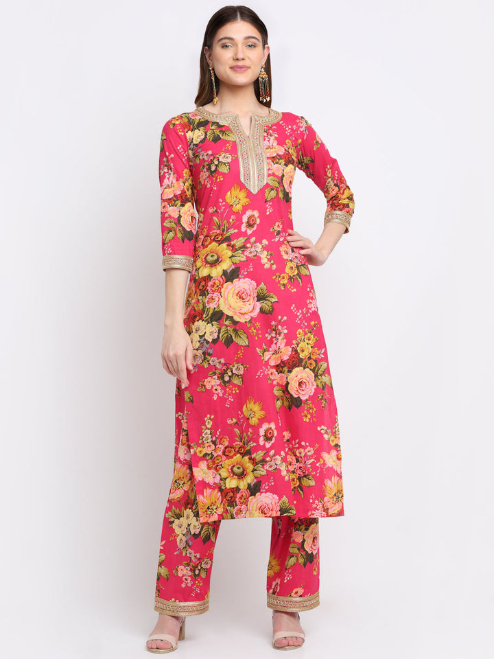 anokherang Combos Pink Floral Kurti with Straight Palazzo Co-ord Set