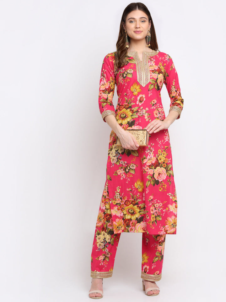 anokherang Combos Pink Floral Kurti with Straight Palazzo Co-ord Set