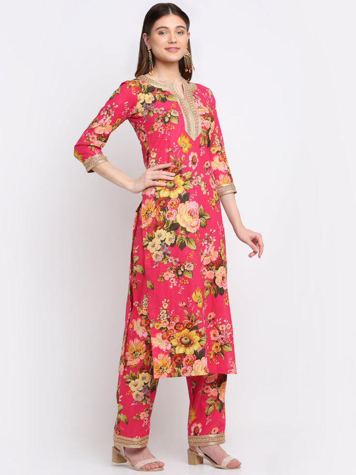 anokherang Combos Pink Floral Kurti with Straight Palazzo Co-ord Set