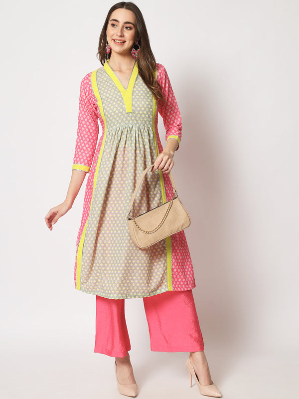 anokherang Combos Pink Fusion Printed A - Line Kurti with Palazzo
